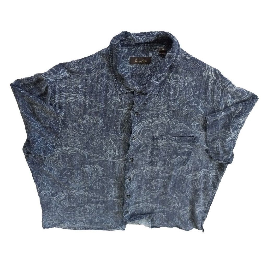 Tasso Elba Men XL Short Sleeve Buttons Down Shirt Aztec Paisley Blue Silk/Rayon‎